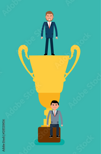 Winner. Businessman winner standing in the gold Cup, the bottom of the loser. Concept flat vector business illustration.