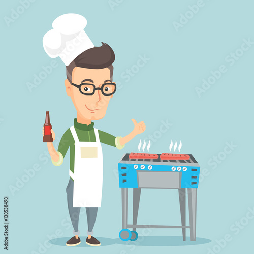 Man cooking steak on barbecue grill.