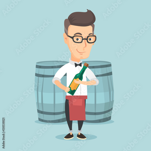 Waiter holding bottle of alcohol.
