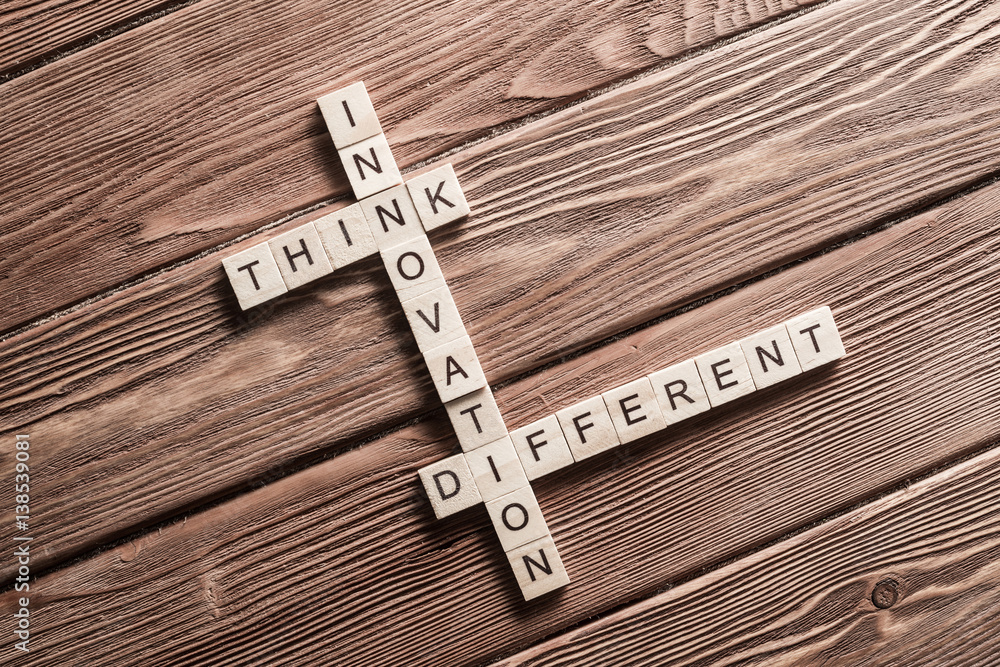 Obraz premium Conceptual keywords on wooden table with elements of game making crossword