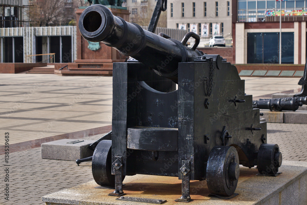 Ancient black cannon in the free open air museum in Novorossiysk, Russia Ancient black cannon in the free open air museum in Novorossiysk, Russia