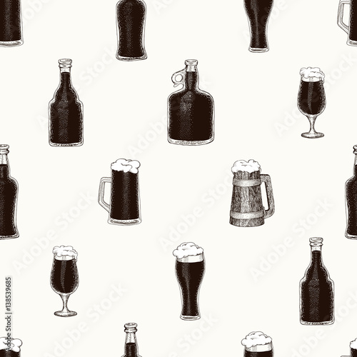 seamless vector pattern with beer bottle, beer mug, cup, glass.