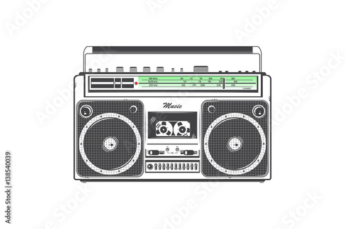 Retro ghetto blaster. Detailed elements. Old retro vintage grunge. Typographic labels, stickers, logos and badges.