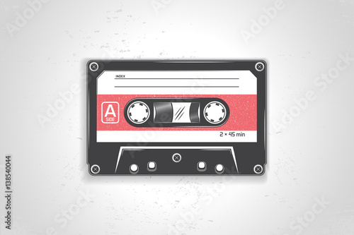 Audio cassette. Detailed elements. Old retro vintage grunge. Typographic labels, stickers, logos and badges. 