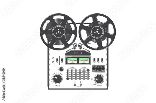 Retro reel to reel tape recorder deck. Detailed elements. Old retro vintage.