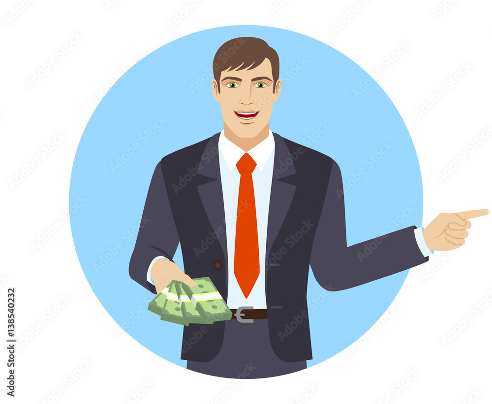 Businessman with money showing somewhere Businessman with money showing somewhere