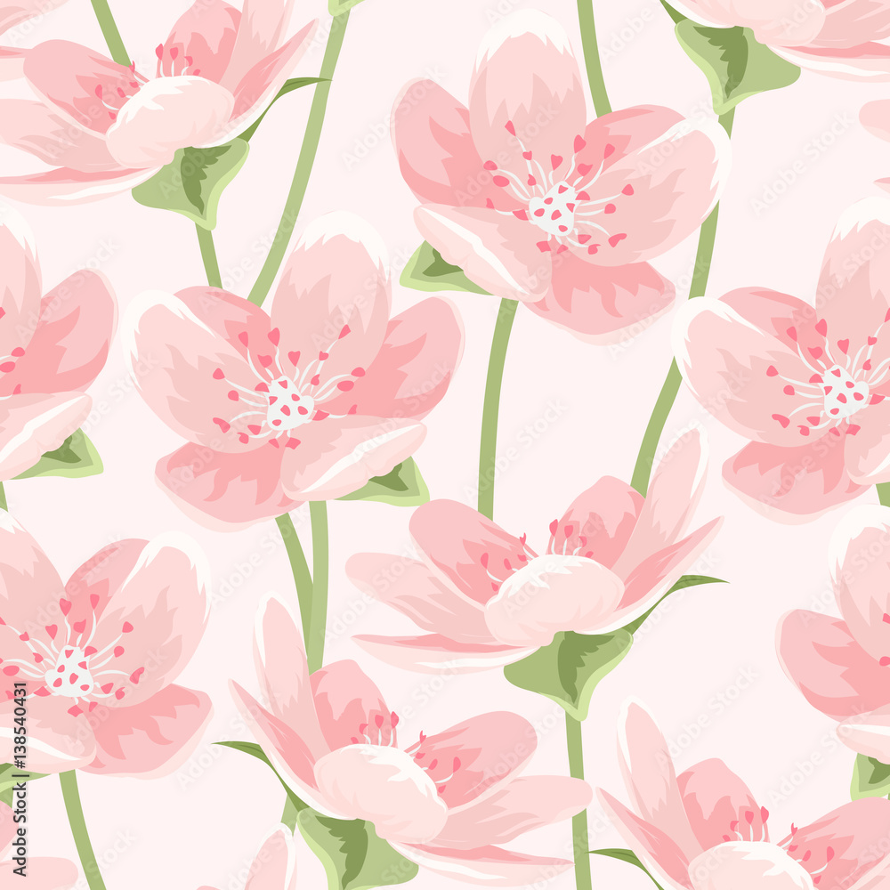 Seamless pattern of blooming spring sakura magnolia cherry blossom flowers. Pink petals, green leaves and stem on light pink background. Detailed floral vector design illustration for decor packaging.