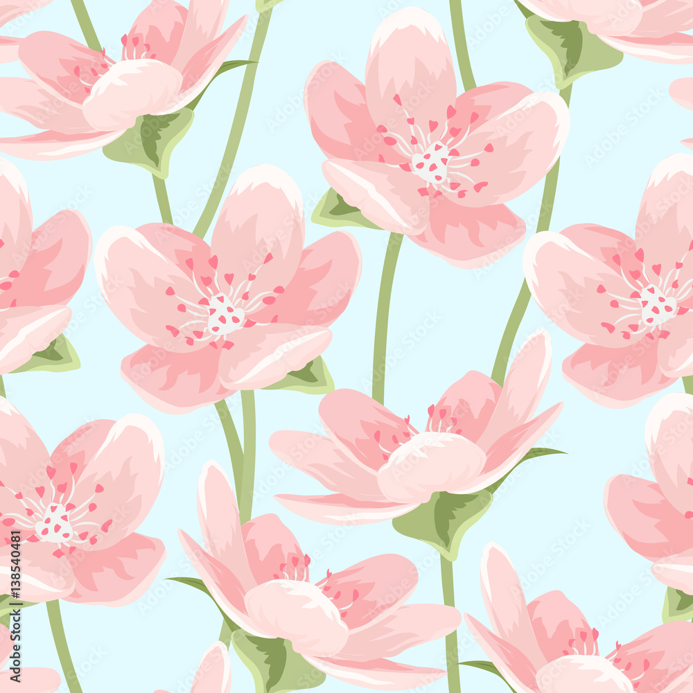 Seamless pattern of blooming spring sakura magnolia cherry blossom flowers. Pink petals, green leaves and stem on light sky blue background. Detailed floral vector design illustration. Seamless pattern of blooming spring sakura magnolia cherry blossom flowers. Pink petals, green leaves and stem on light sky blue background. Detailed floral vector design illustration.