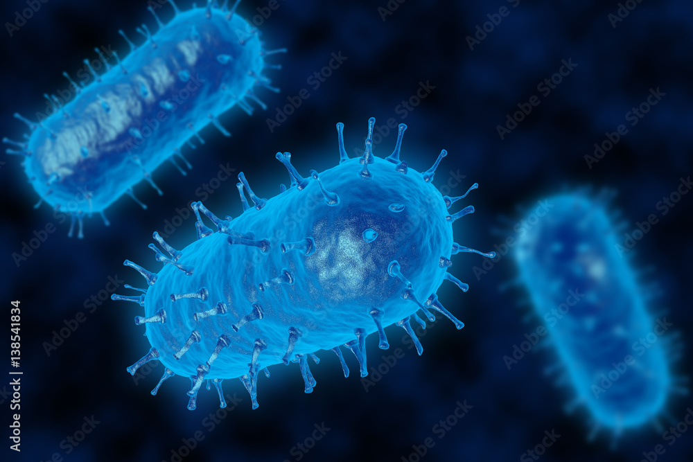 Bacteria 3D render. Spherical virus blue style. View under a microscope