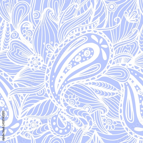 Beautiful hand drawn ornamental doodle light blue repeated background, seamless boho pattern. Vector illustration.