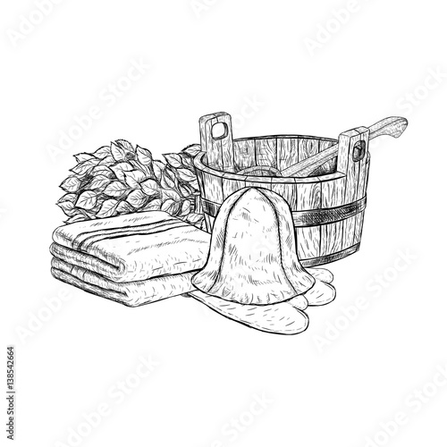 Set for sauna. Hand drawn vector items for bath.