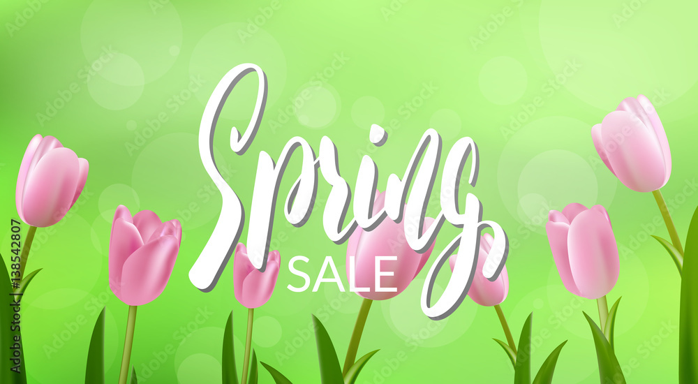 Spring sale. Banner with calligraphy and flowers for seasonal sale