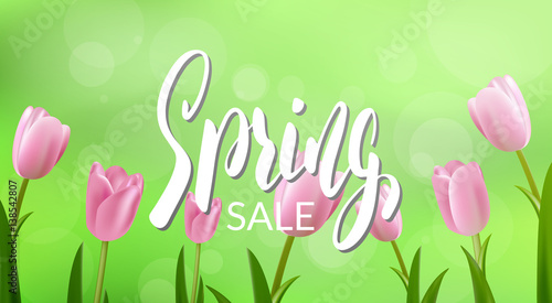 Spring sale. Banner with calligraphy and flowers for seasonal sale