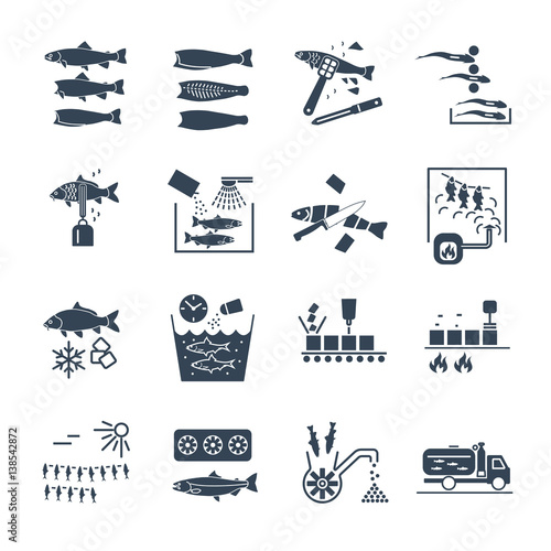 set of black icons processing and preserving of fish