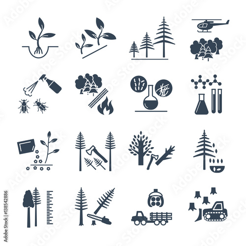 set of black icons forestry and silviculture production process photo