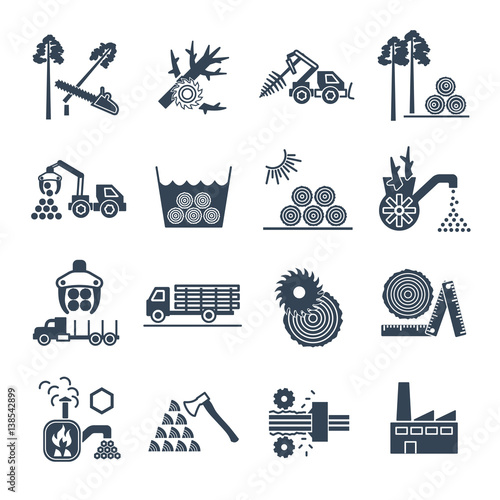 set of black icons logging and forestry production process