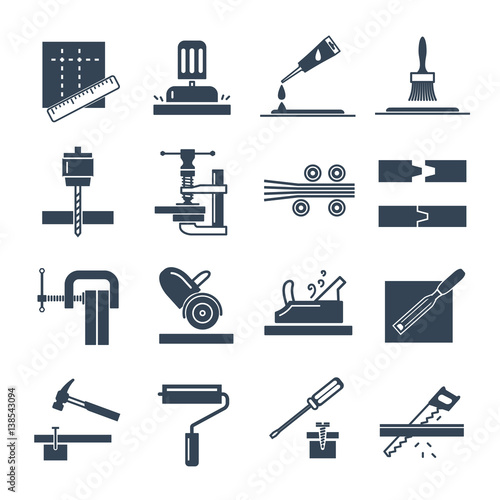 set of black icons manufacture of products of wood production