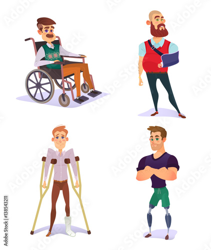 Set of vector cartoon illustrations of people with disabilities isolated on white.