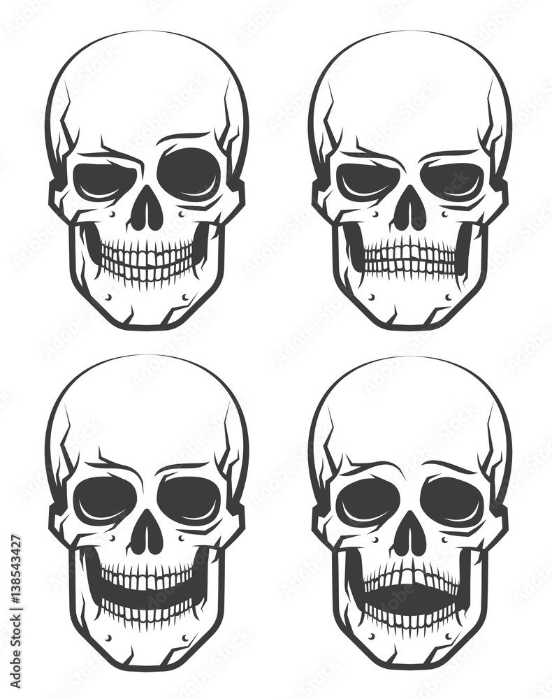 Monochrome skull tattoo set of emotions. Vector illustration on white background.