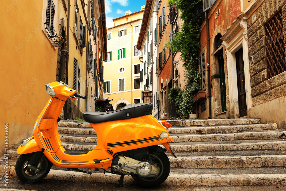 grafisk Tilskud Hvad Fotografering, Billede Orange vintage scooter on the background of Rome  street på Europosters.dk