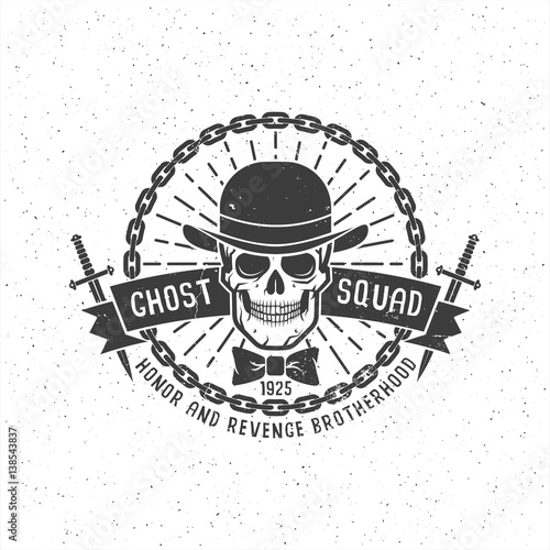 Retro logo tattoo gangster brotherhood. Skull in a bowler hat with a ribbon, daggers, chain, tie butterfly. Textures on separate layers and can be easily disabled.