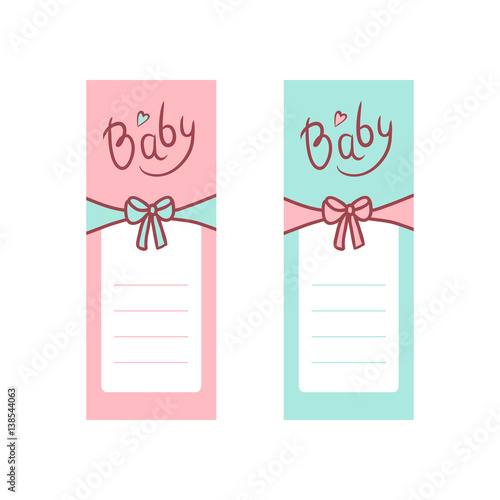Vector children greeting card in pastel colors. The inscription baby and tied a bow. Marked lines with space for text. Two color options for boys and girls.