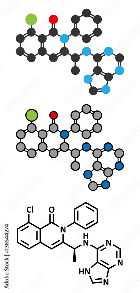 Duvelisib cancer drug molecule (phosphoinositide 3-kinase inhibitor).