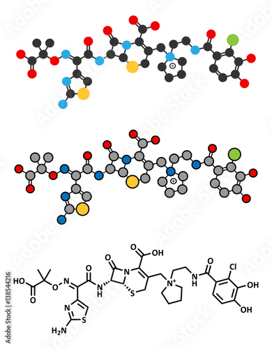 Cefiderocol antibiotic drug molecule (cephalosporin class).