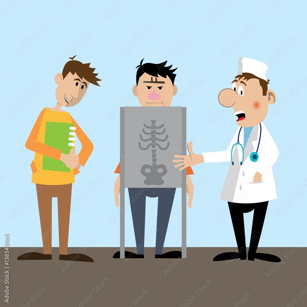 making the patient x-ray. the doctor examines the result. vector illustration. Character making the patient x-ray. the doctor examines the result. vector illustration. Character