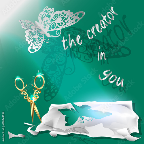 Cutting of paper flying butterfly. vector illustration, origami crafts. Screen background. Green, Written text, the creator in you
