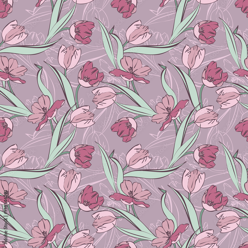 Tulips seamless pattern. Raster background.