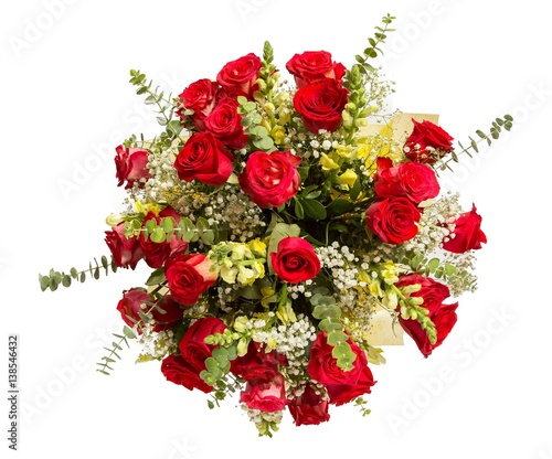 Bouquet of flowers top view on white background