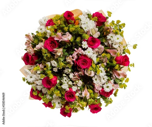 Bouquet of flowers top view on white background