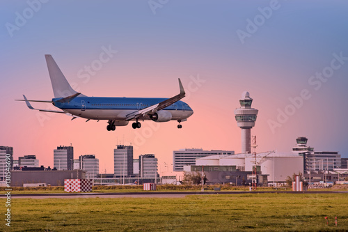 Airplane landing on Schiphol airport in Amsterdam the Netherlands