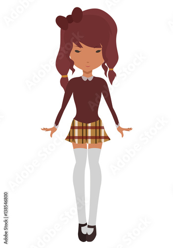 Cartoon image of a teenager with a mini skirt and a ribbon in her hair