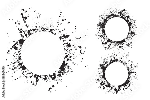Splatter ink round frame backgrounds paints set with black splash on white. 