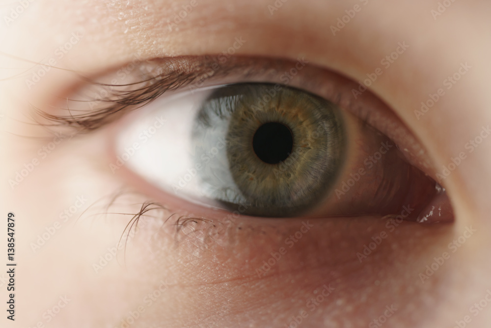 Obraz premium Closeup of teenage girl green eye looking straight, shallow focus