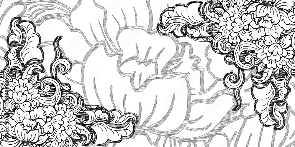 Floral card style pencil sketch. Example monochrome design template with flowers. Floral card style pencil sketch. Example monochrome design template with flowers.