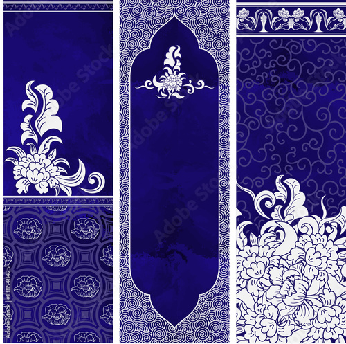 Set of templates of vertical floral banners with imitation Chinese porcelain painting. Watercolor texture.
