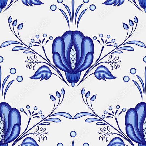 Gzhel style background. Seamless pattern of Chinese or Russian porcelain painting with large blue flowers.
