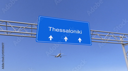 Commercial airplane arriving to Thessaloniki airport. Travelling to Greece conceptual 3D rendering photo