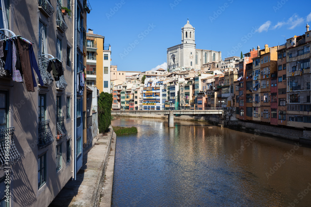 Old City Riverside Skyline of Girona in Spain