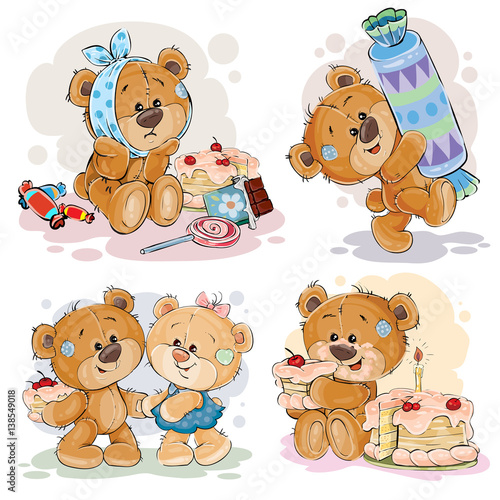 Fototapeta Naklejka Na Ścianę i Meble -  Funny illustrations with teddy bear on the theme of love for sweets