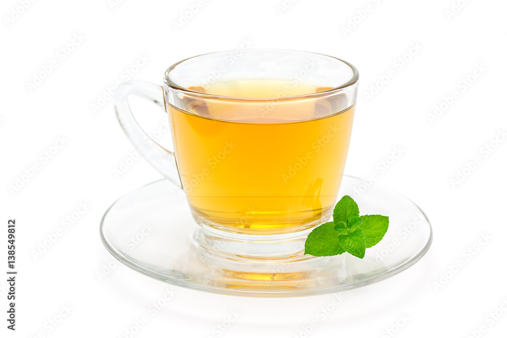 Healthy herbal mint tea in a glass cup isolated on white background, horizontal