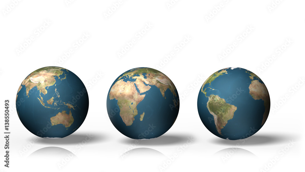Set of 3D globe showing earth with all continents, isolated on white background