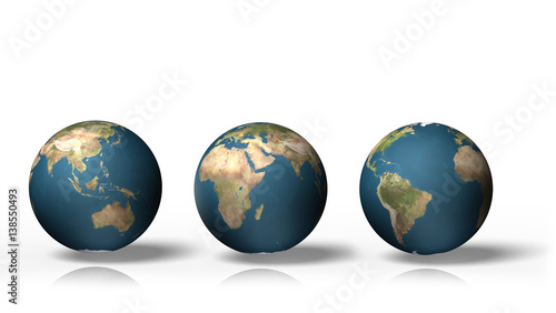 Set of 3D globe showing earth with all continents, isolated on white background