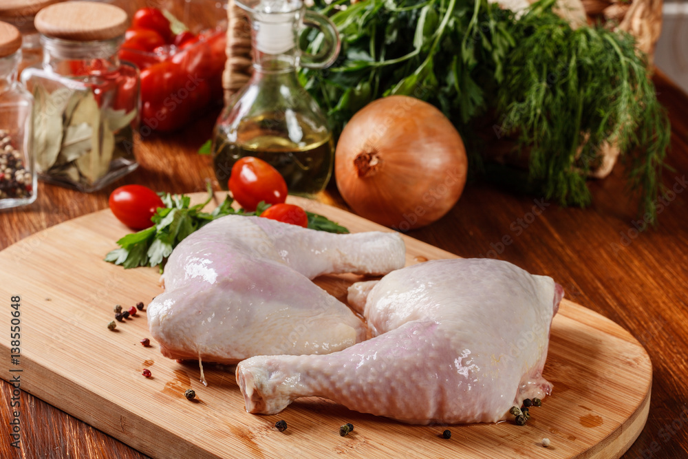 Raw chicken legs and marinade ingredients Raw chicken legs and marinade ingredients