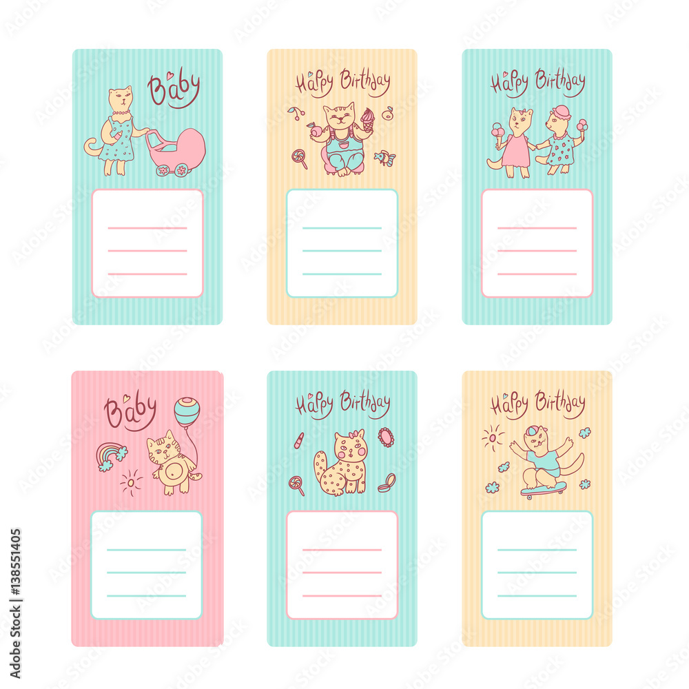 Vector children greeting card in pastel colors. Cat mom with a baby ...