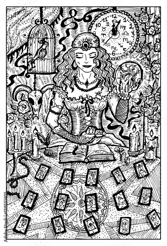 Fortune Teller with Tarot cards. Engraved fantasy illustration.  See all collection in my portfolio