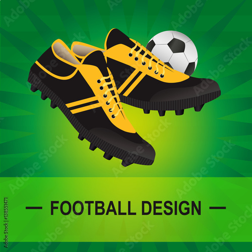 Vector soccer background of turf with football boots and ball